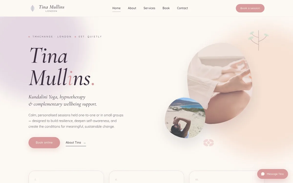 Tina Mullins website — calm wellness homepage